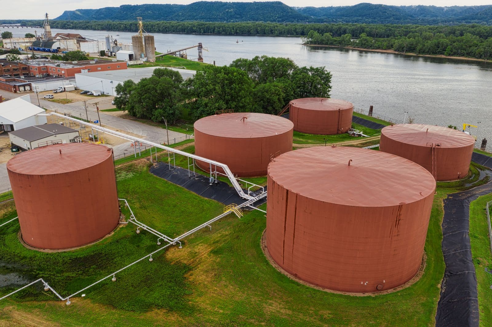 Storage tank farm beside a river